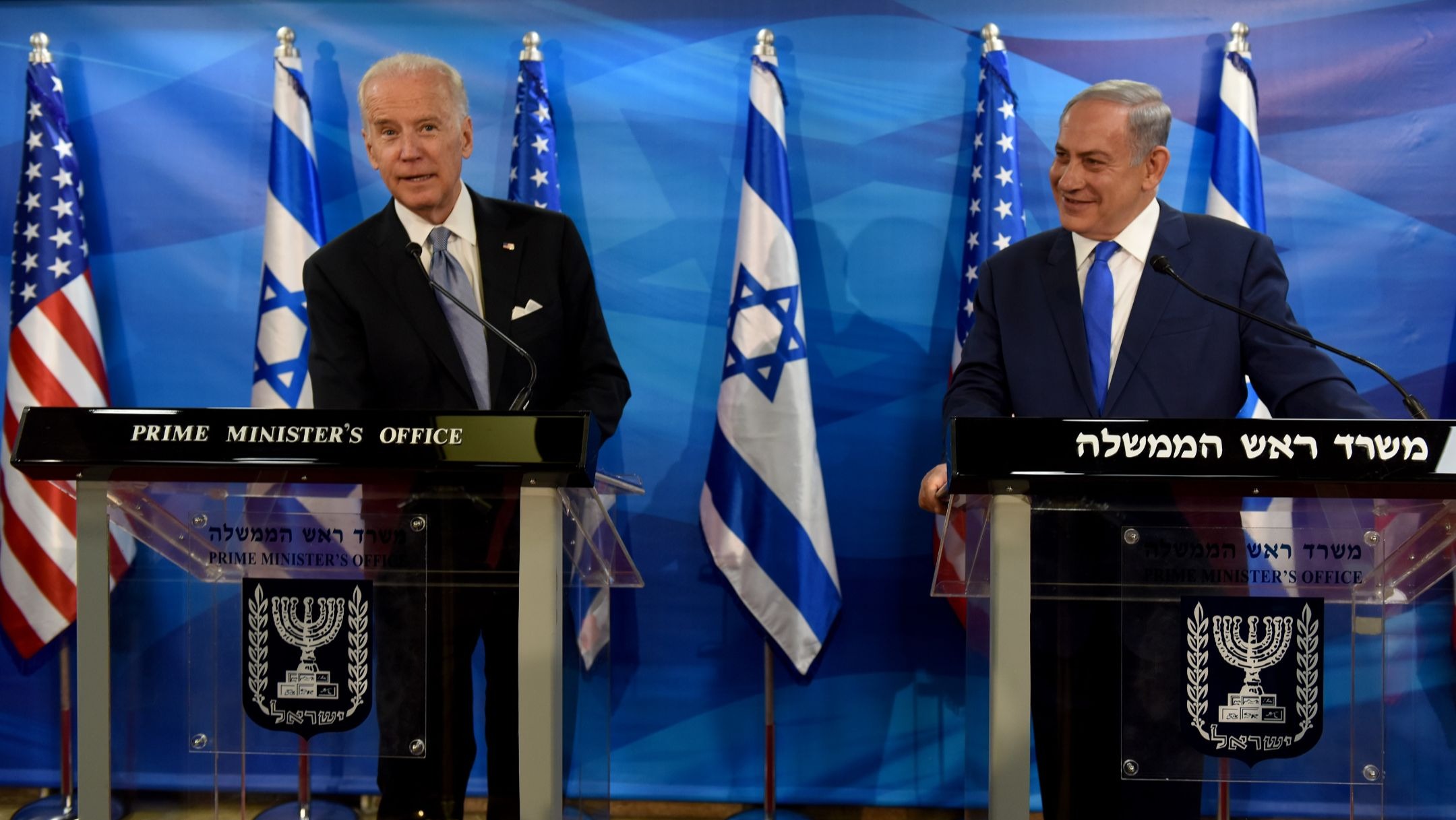 Then-Vice President Joe Biden, left, and Israeli Prime Minister Benjamin Netanyahu give joint statements to the press in the prime minister’s office in Jerusalem, March 9, 2016. (Debbie Hill/AFP via Getty Images)