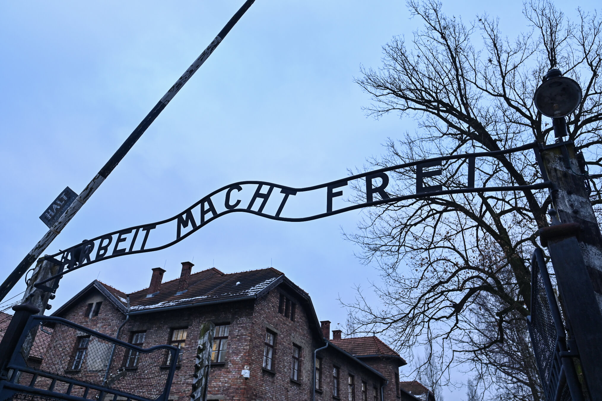 A view of the main gate of Auschwitz on January 26, 2023 