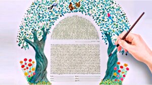An illustration showing a hand holding a pen and drawing an artisanal ketubah.
